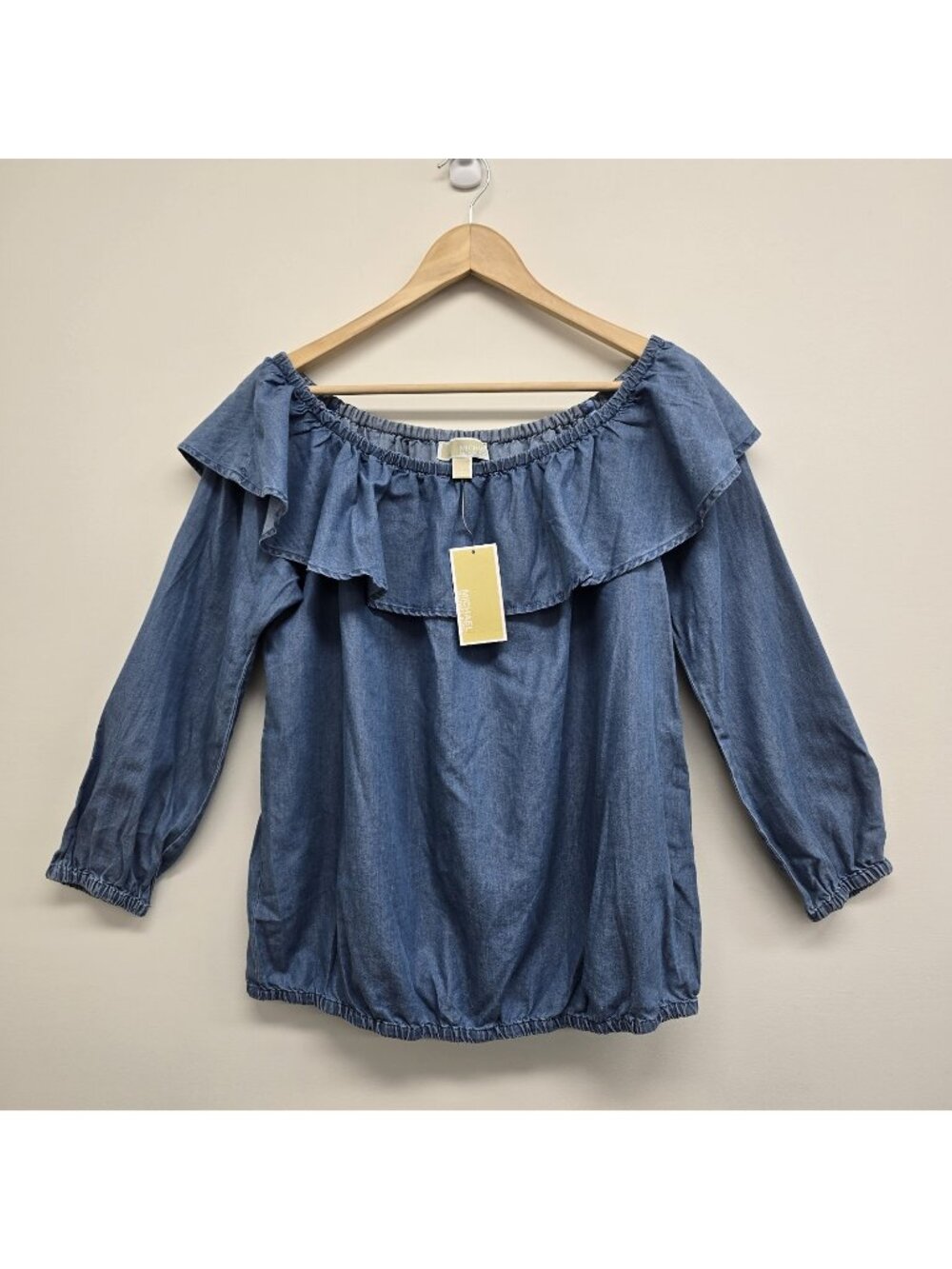 NWT MICHAEL Michael Kors Chambray Ruffle Top Sz L Boho Western Romantic Peasant